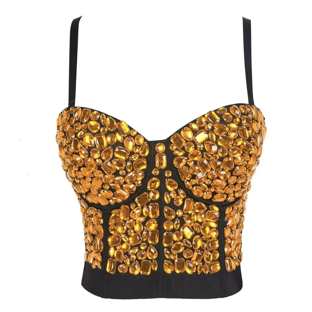 Sparkly Diamond Rhinestone Corset Top Showgirl Stage Performance Push-Up Bustier