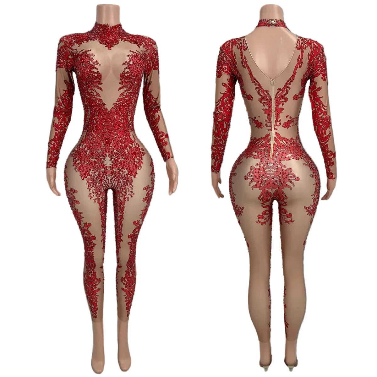 High Neck Crystal Appliqué Illusion Bodysuit | Bodysuit | Wiccan Center