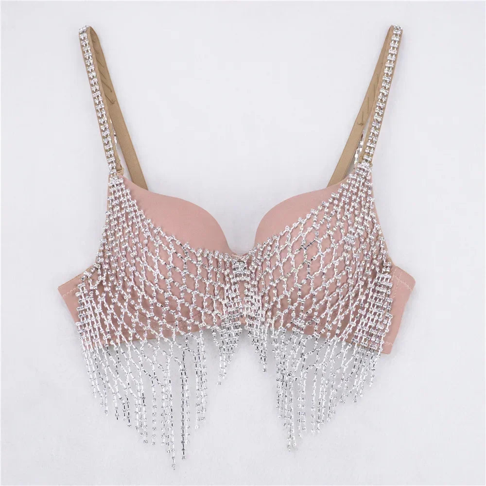 Sparkly Rhinestone Mesh Fringe Corset Crop Top Stage Performance Bustier