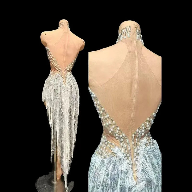The Stardust Diamond Scallop Bodysuit – Luxury Rhinestone & Tassel Showgirl Costume