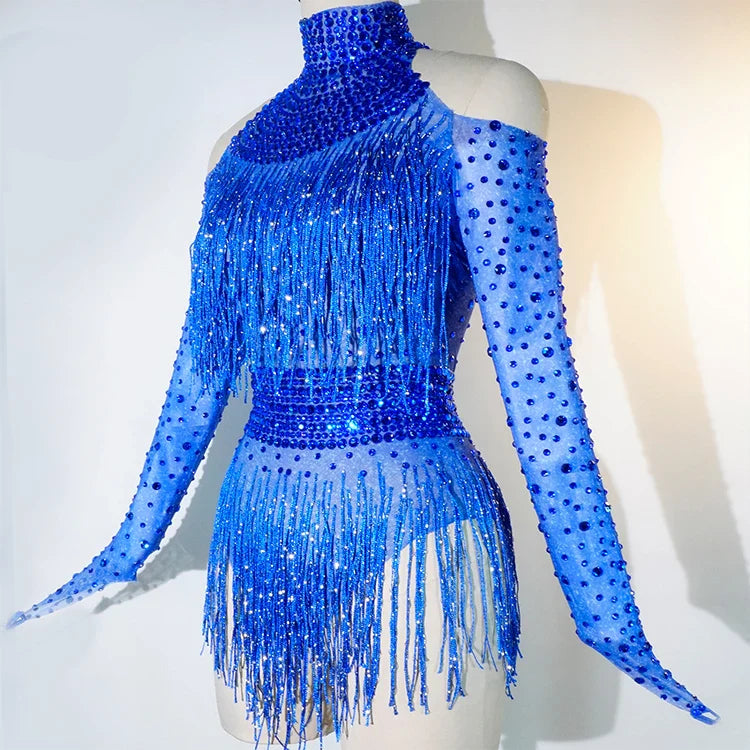 Rhinestone Tassel Mesh Performance Bodysuit | Bodysuit | Wiccan Center
