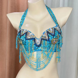 The Stardust Prism Sirena – Deluxe Beaded & Sequined Belly Dance Bra Top | Costume Tops | Wiccan Center
