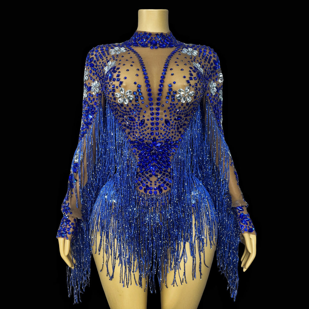 Sparkly Rhinestone Tassel High-Cut Stage Performance Bodysuit Dance Leotard