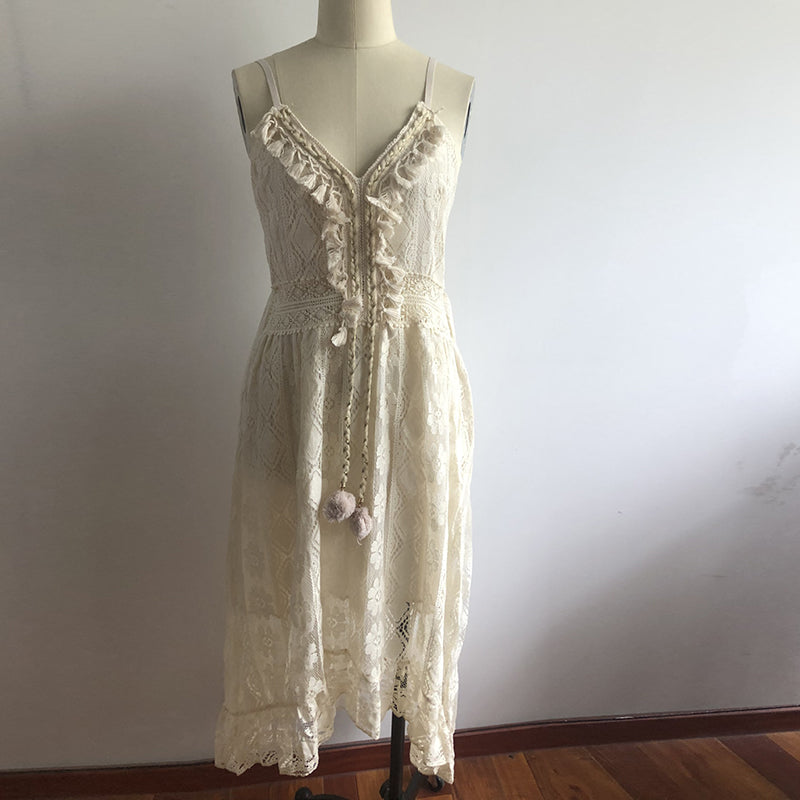Women Dress Beach Style Elegant White Lace Spaghetti Srap Sundress Female Hollow Out Boho | Dresses | Wiccan Center