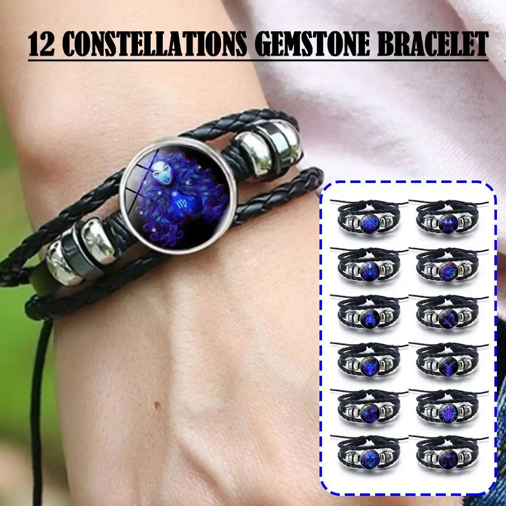 12 Constellation Gem Leather Bracelet Men Women Glass Bracelet | | Wiccan Center