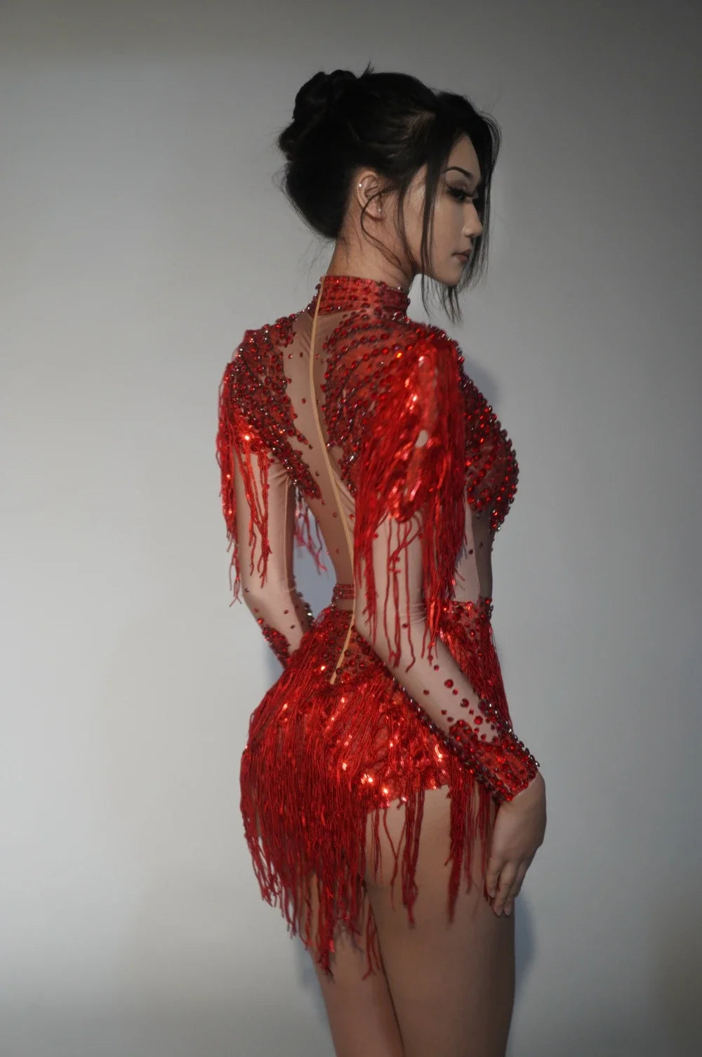 Sparkly Rhinestone Sequin Fringe Stage Bodysuit Performance Dance Leotard