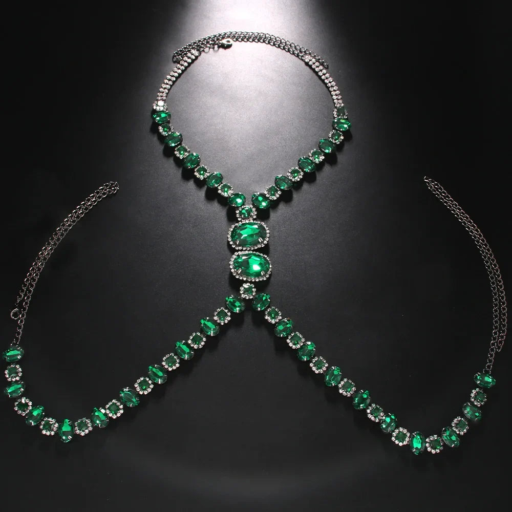 Men's Green Crystal Rhinestone Body Chain Harness Punk Stage Cross Chest Collar | Body Chains | Wiccan Center