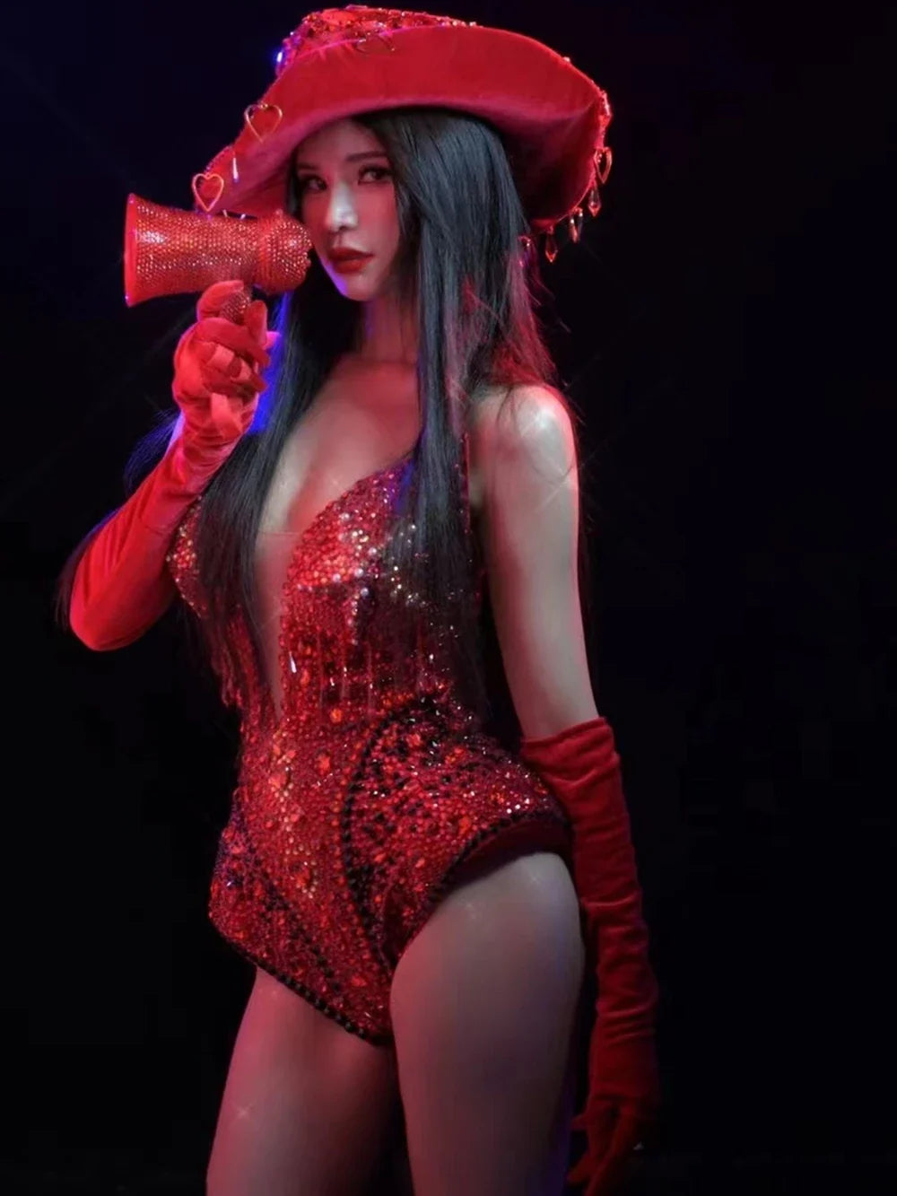 The Stardust Scarlet Siren – Sparkling Rhinestone Deep V Bodysuit, Gloves & Hat Set
