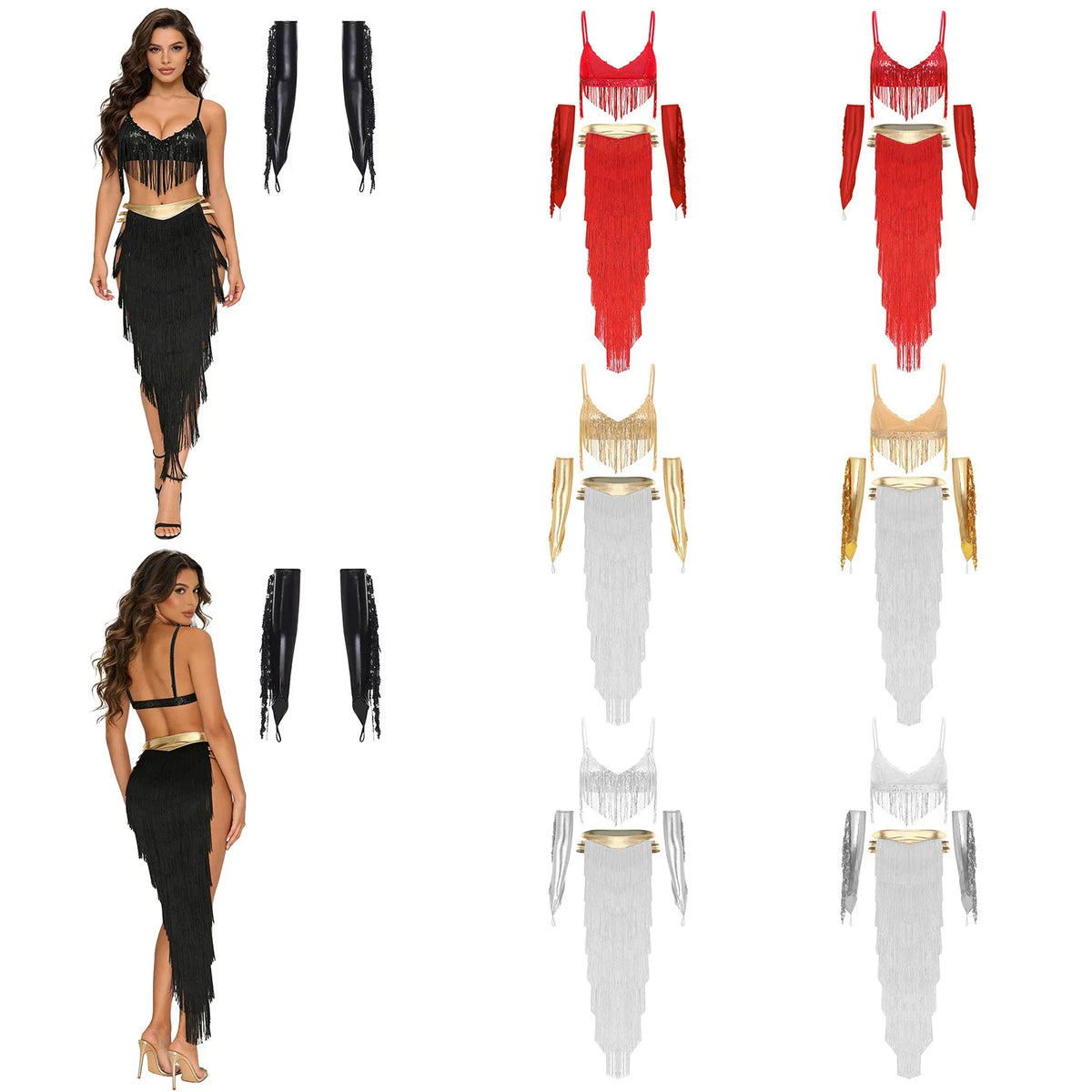 Women Shiny Belly Dance Bra Top with Tassel Slit Skirt Built-in Briefs Gloves Cleopatra Egypt Queen Costume | Costume Sets | Wiccan Center