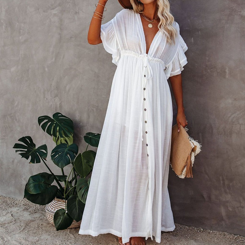 Summer Beach Maxi Dress Women Boho Long Bikini Cover Up High Waist Casual V-Neck Dresses | Dresses | Wiccan Center