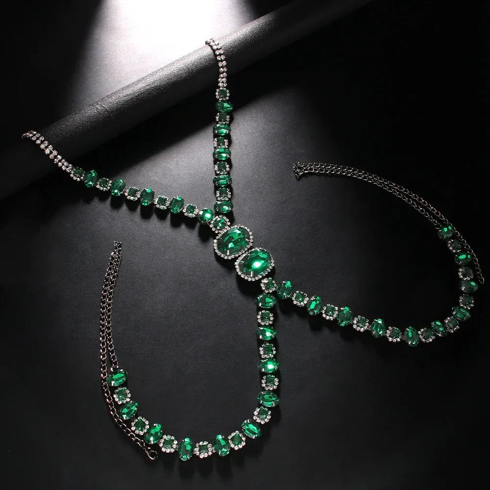 Men's Green Crystal Rhinestone Body Chain Harness Punk Stage Cross Chest Collar | Body Chains | Wiccan Center