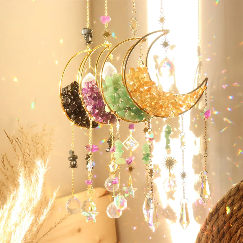 Hourglass Moon Purple Blue Green Pink Crystal Sun Catcher Pendant Decoration, Half Moon Window Hanging Pendant - Home and Garden | | Wiccan Center