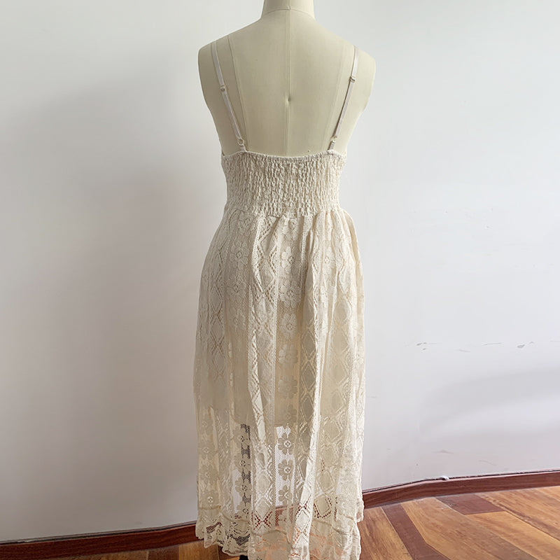 Women Dress Beach Style Elegant White Lace Spaghetti Srap Sundress Female Hollow Out Boho | Dresses | Wiccan Center