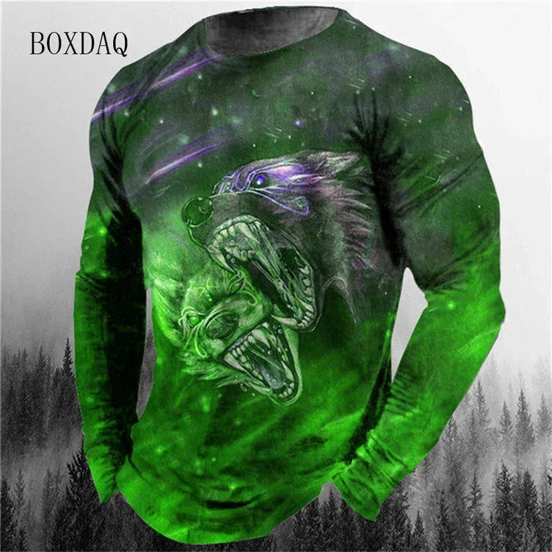 3d Animal Wolf Pattern Print Men's T-shirts Spring Autumn Long Sleeve Street Style Cotton Oversized Tops Loose Casual O-Neck Tee