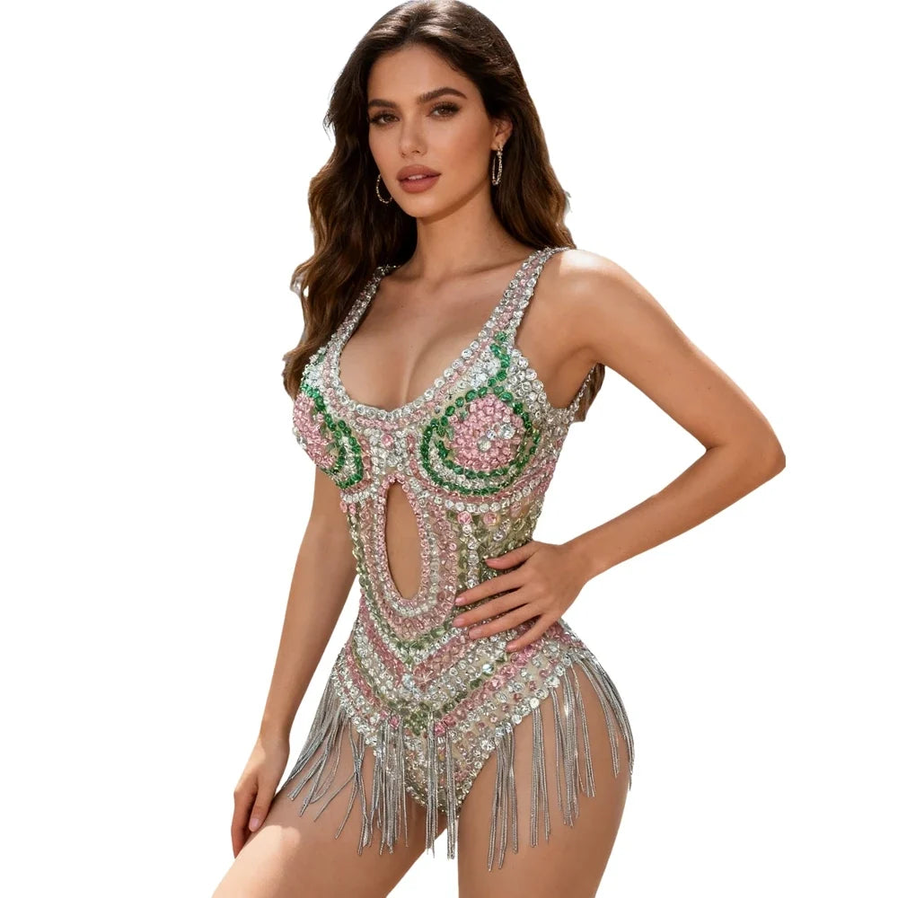 Sparkly Silver Rhinestone Tassel High-Cut Stage Bodysuit Dance Performance Leotard