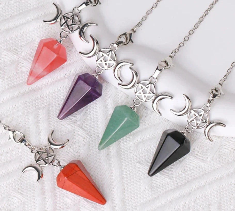 Triple Moon Pentacle Crystal Pendulums | Pendulums | Wiccan Center