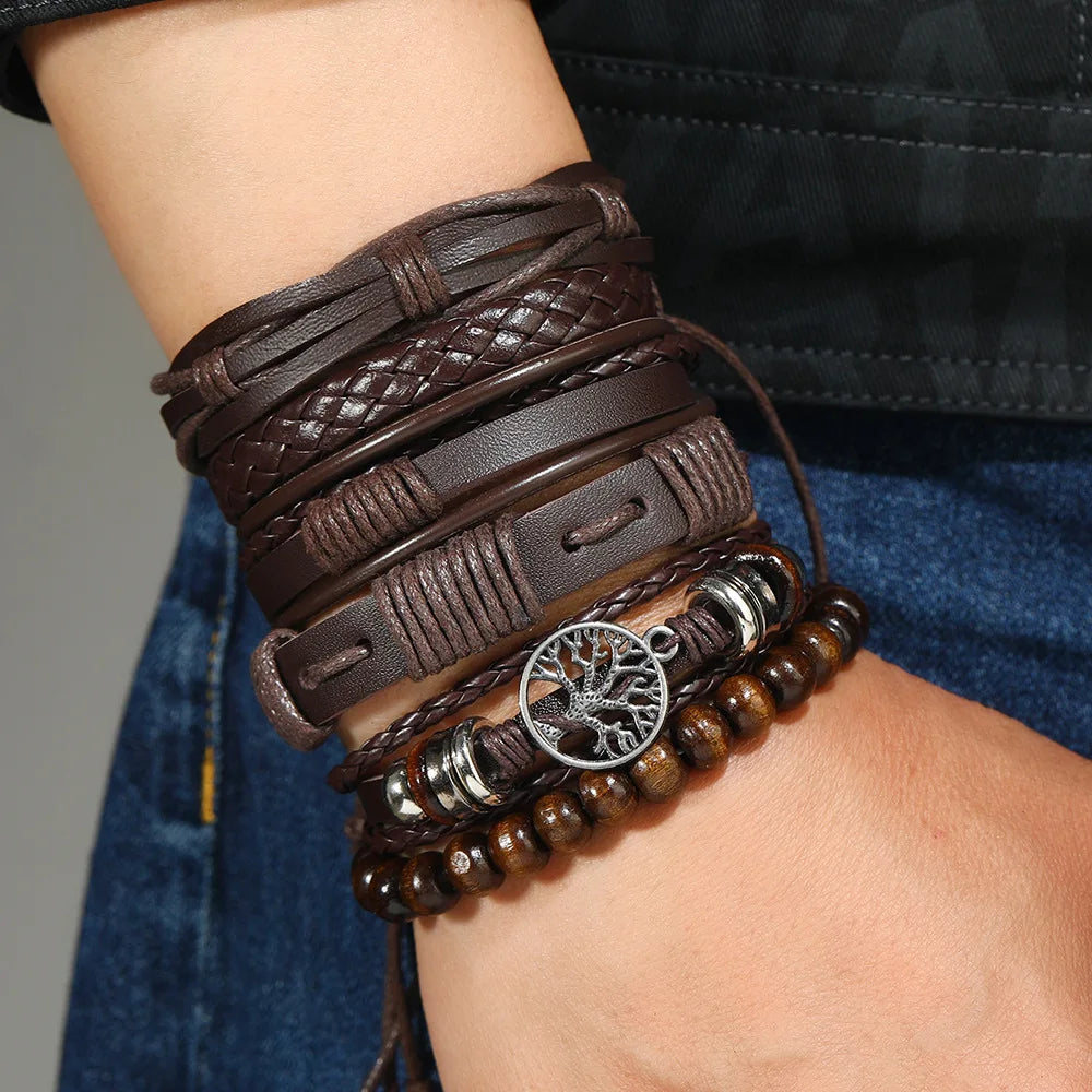 Punk Casual Bead6 Pc/set Tree Black Khaki Handmade Men Bracelets Male Women Leather Bracelets Men Bangle Wholesale Jewelry Gift