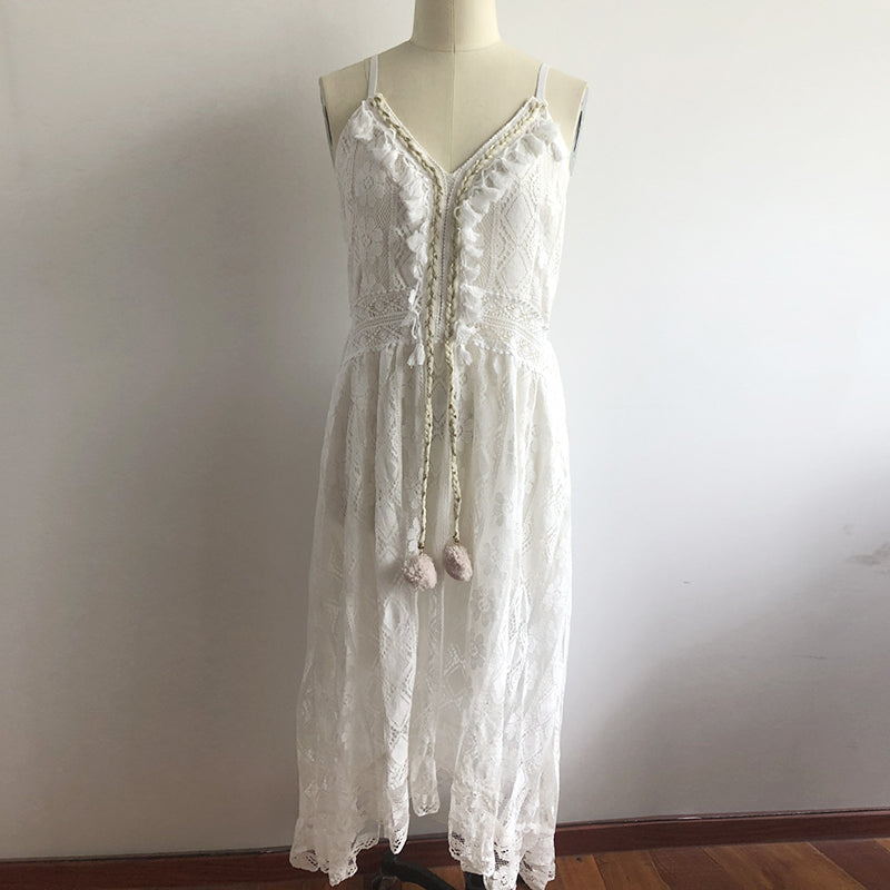 Women Dress Beach Style Elegant White Lace Spaghetti Srap Sundress Female Hollow Out Boho | Dresses | Wiccan Center