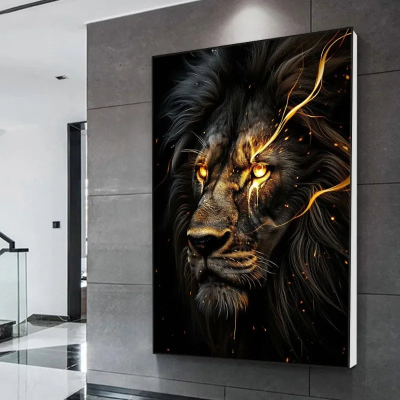 Classic Vintage Animal Wall Art Black Gold Light Coloured Lion HD Canvas Printed Poster Home Living Room Bedroom Decoration