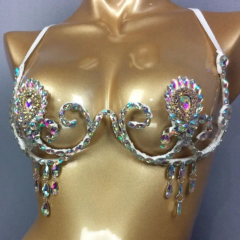 Dazzling Rainbow Crystal Stone Belly Dance Bra & Samba Carnival Performance Top | Costume Tops | Wiccan Center