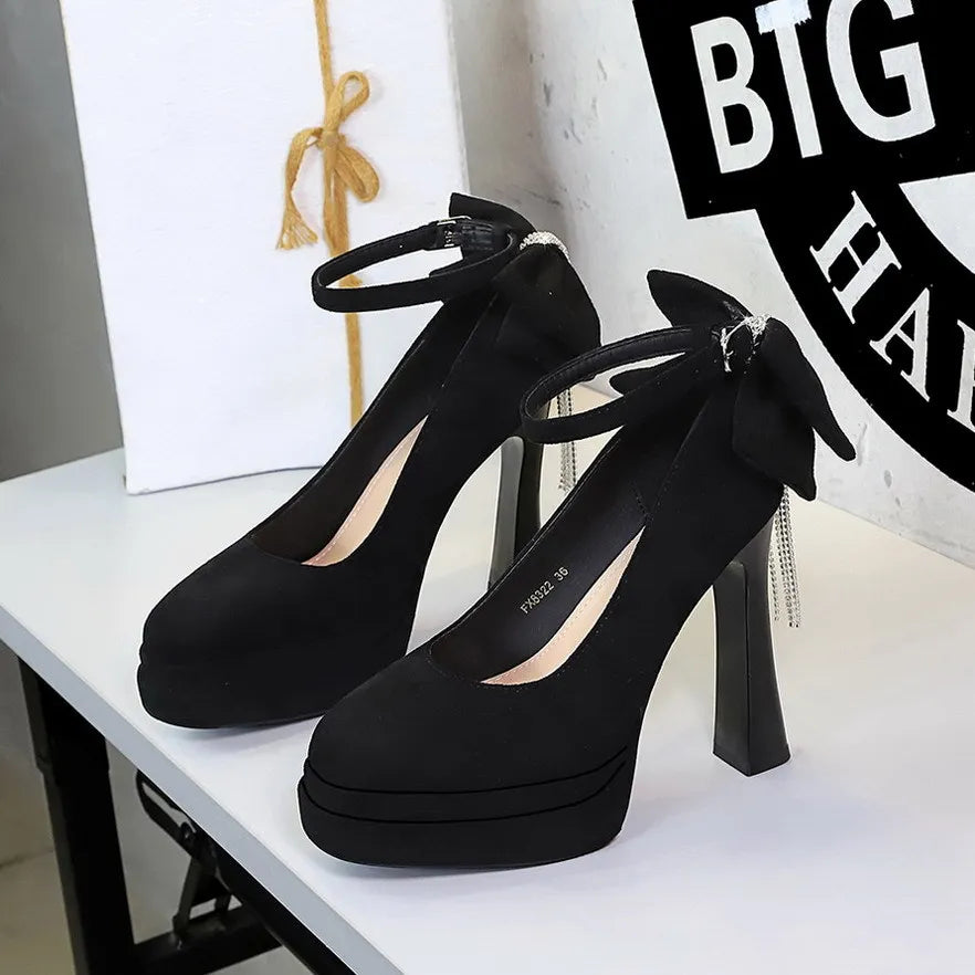 BIGTREE Women's Pointed Toe High Heels Back Bowknot Elegant Flock Ankle Strap Pumps for Women Black Dress Shoe Wedding Party | | Wiccan Center