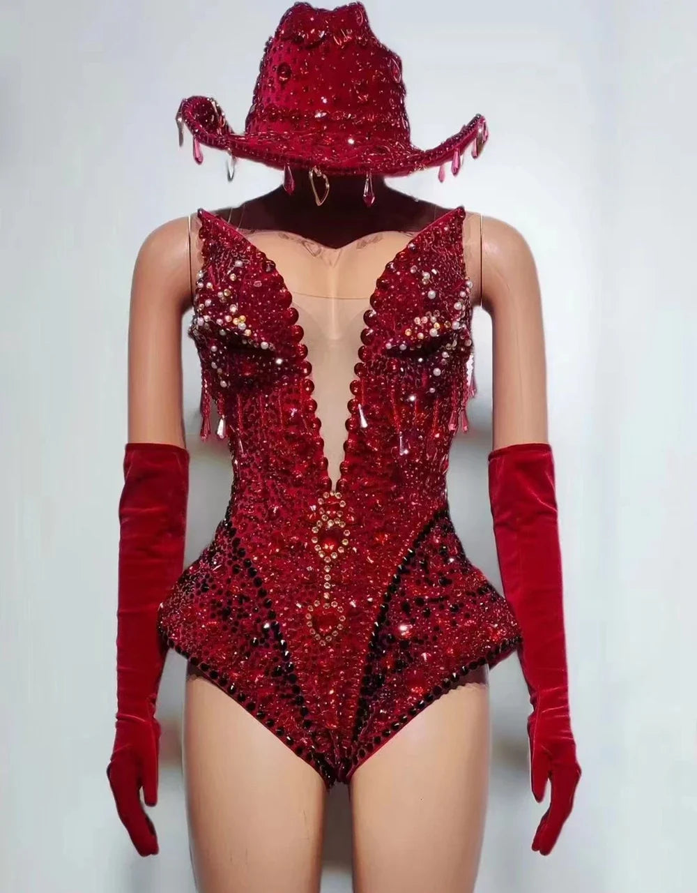 The Stardust Scarlet Siren – Sparkling Rhinestone Deep V Bodysuit, Gloves & Hat Set