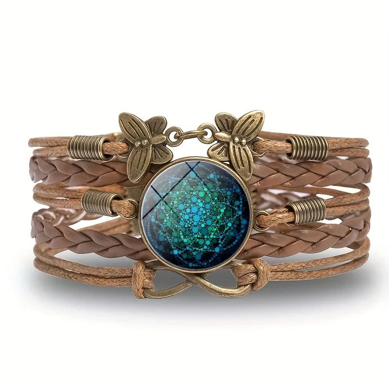 Vintage Mandala Flower Glass Dome Wrap Bracelet Brown Multilayer Woven Leather Bracelets For Women