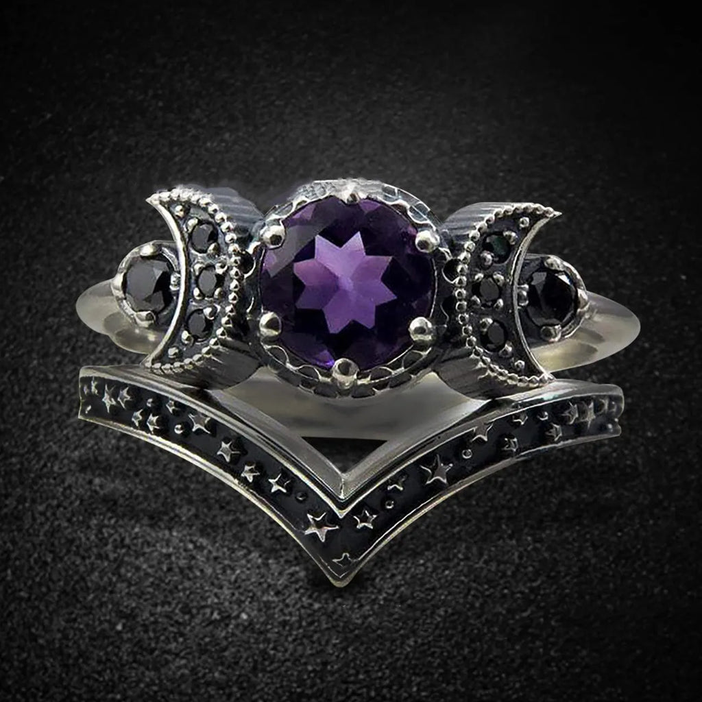 Black Zirconia Stone Triple Moon Ring Set | Ring | Wiccan Center