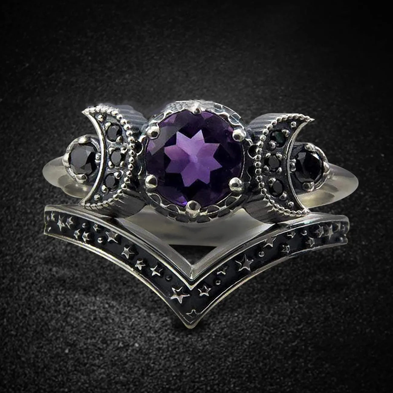 Black Zirconia Stone Triple Moon Ring Set | Ring | Wiccan Center