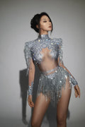 Sparkly Rhinestone Sequin Fringe Stage Bodysuit Performance Dance Leotard