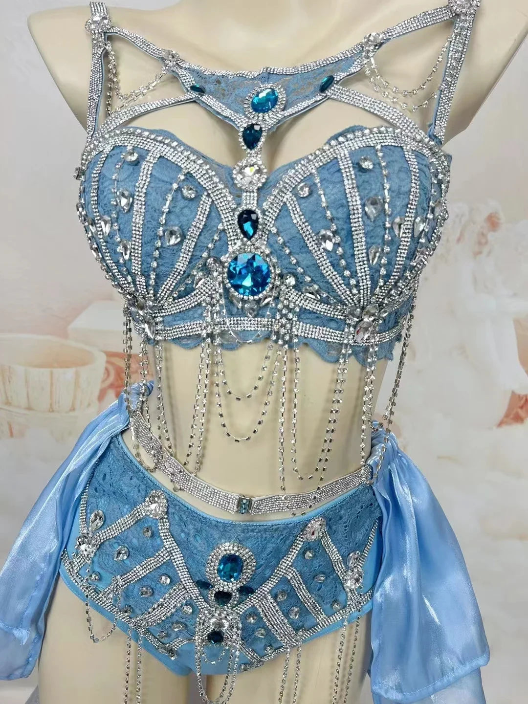 Sapphire Blue Rhinestone Bikini & Micro Skirt 2-Piece Stage Dance Costume Set | Costume Sets | Wiccan Center