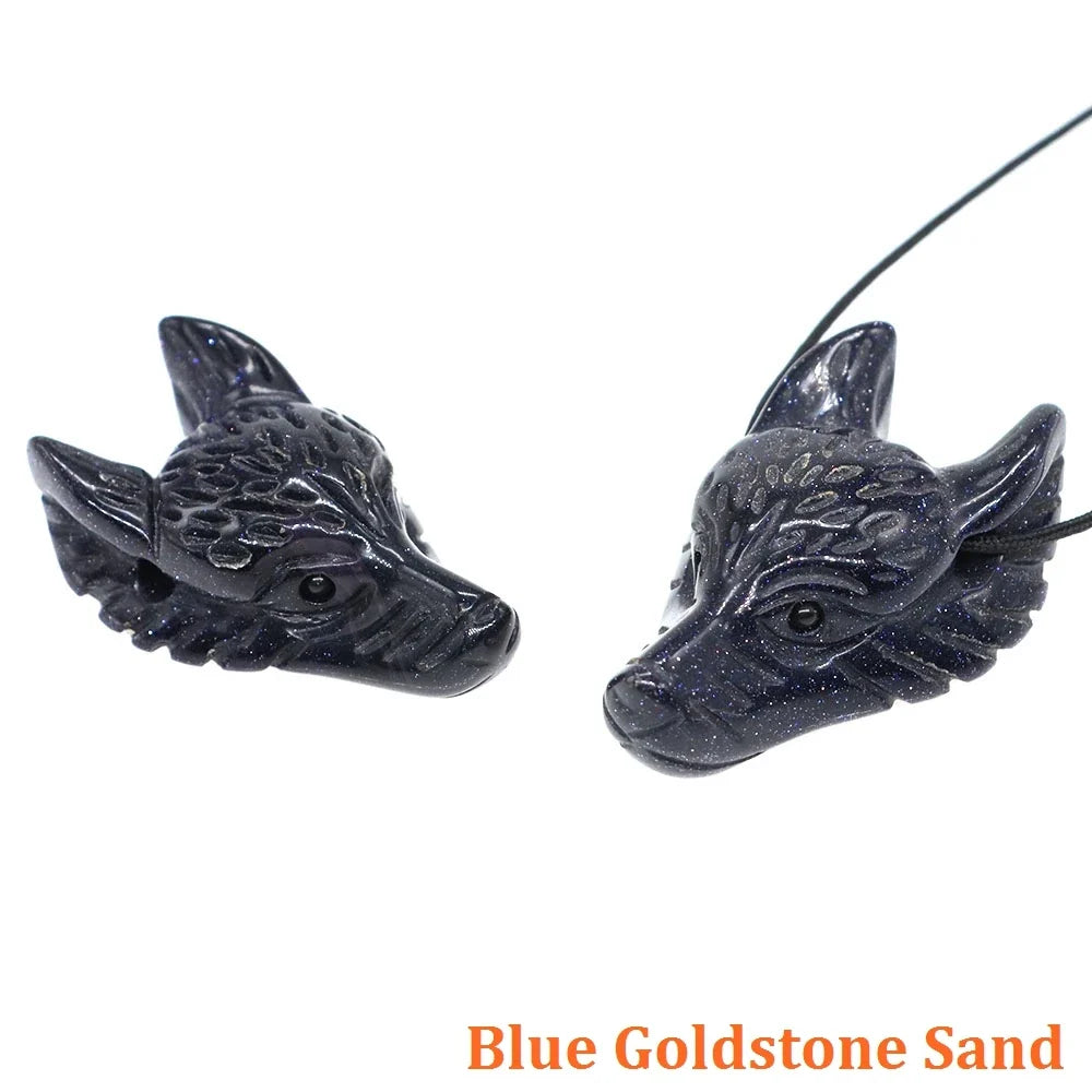 1.5" Wolf Head Stone Pendant Natural Healing Crystals Hand Carved Wolves Animal Statue Figurine Gems for Jewelry Making Necklace