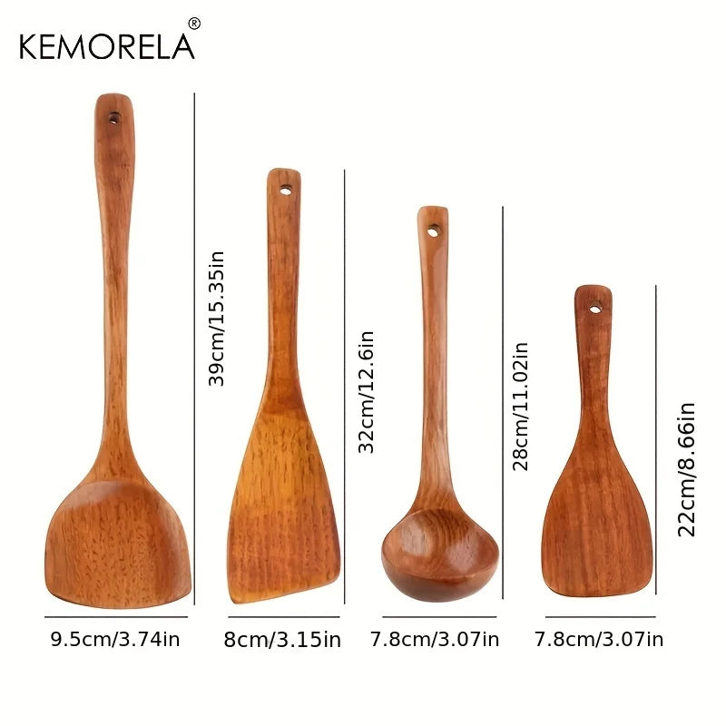 DecorBites™ 4-Piece Wooden Kitchen Utensil Set | Nonstick Cooking Tools | | Wiccan Center