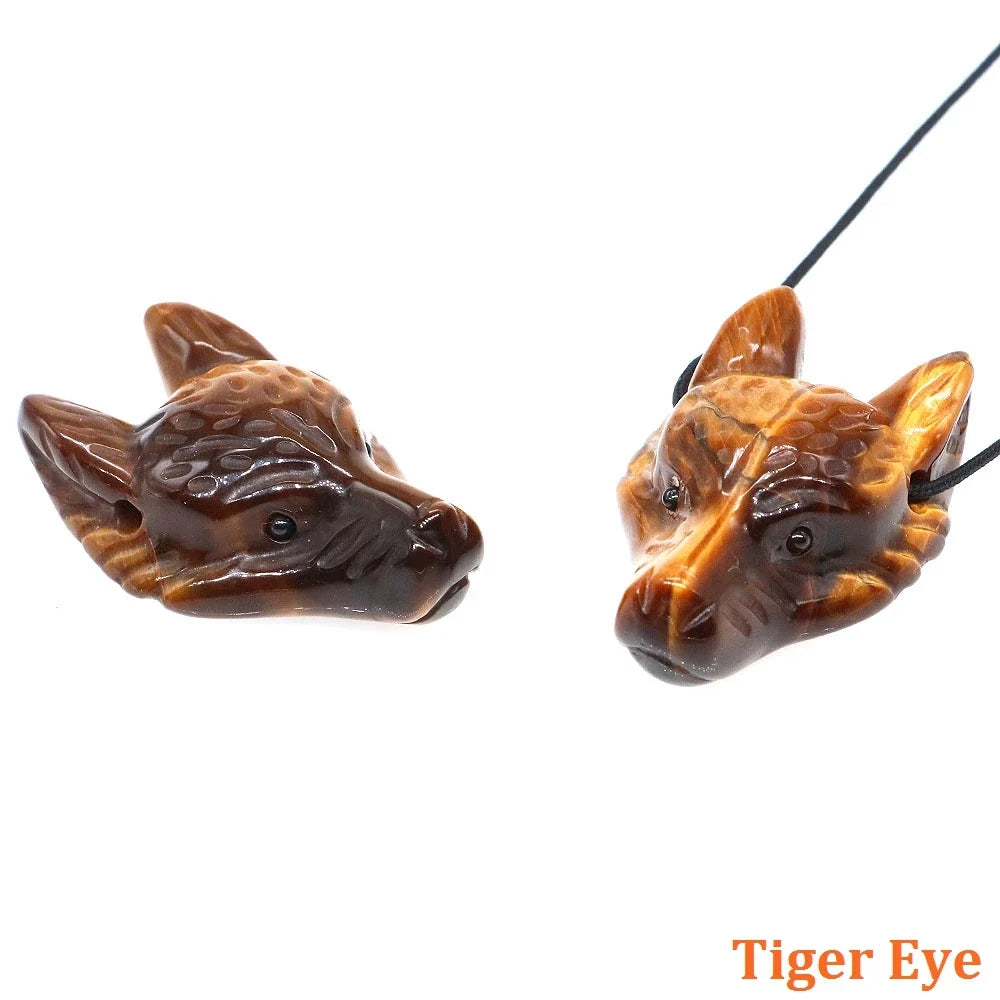 1.5" Wolf Head Stone Pendant Natural Healing Crystals Hand Carved Wolves Animal Statue Figurine Gems for Jewelry Making Necklace