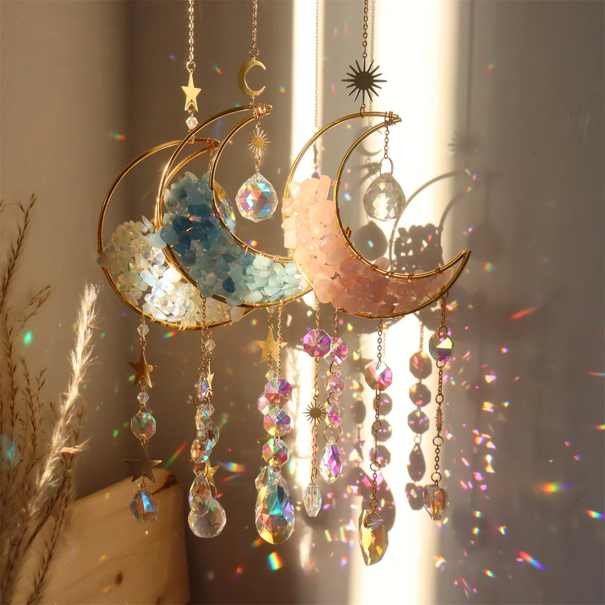 Hourglass Moon Purple Blue Green Pink Crystal Sun Catcher Pendant Decoration, Half Moon Window Hanging Pendant - Home and Garden | | Wiccan Center