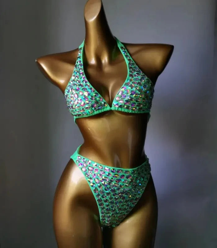 Nightclub Bar Sexy Disco Pole Dance Crystal Bikini Costume DJ Dancer Club Party Rave Outfit Pink Rhinestones Bra Set Stage Wear | Costume Sets | Wiccan Center