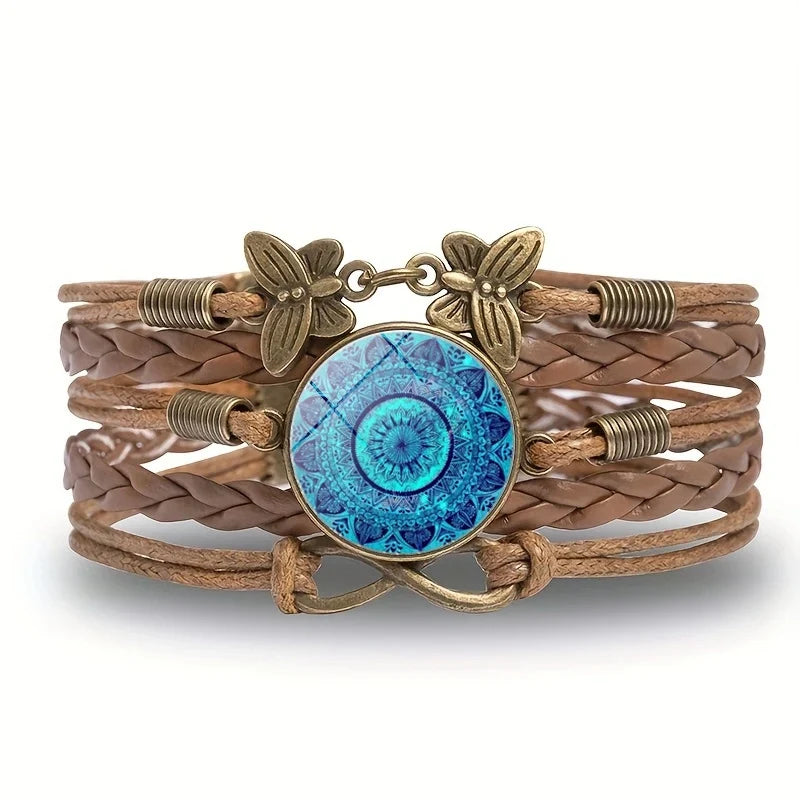 Vintage Mandala Flower Glass Dome Wrap Bracelet Brown Multilayer Woven Leather Bracelets For Women