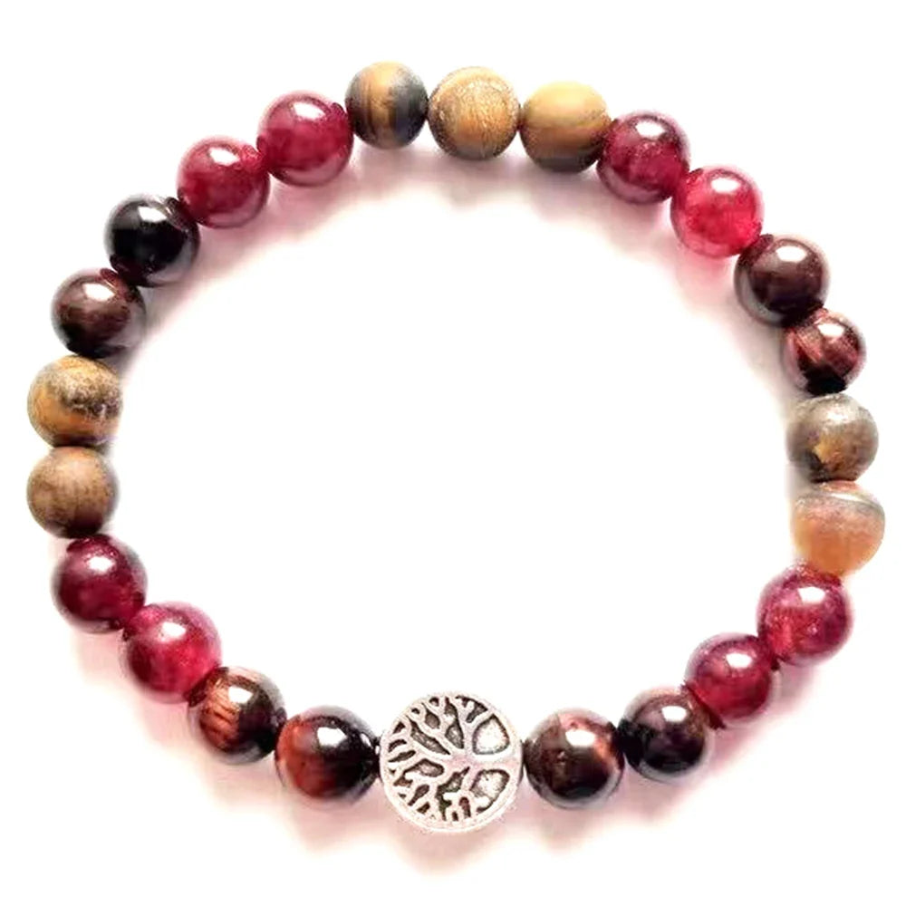 Ruberthen 6 MM Red Tiger Eye Red Agate Matte Beads Bracelet Womens Mix Gemstone Tree Of Life Charm Handmade Jewelry