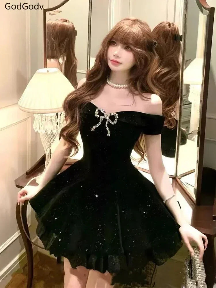 Black French Vintage Elegant Design Woman Dress Gothic Off Shoulder Retro Mini Dress Female Fairy Birthday Party Chic Outfits | | Wiccan Center