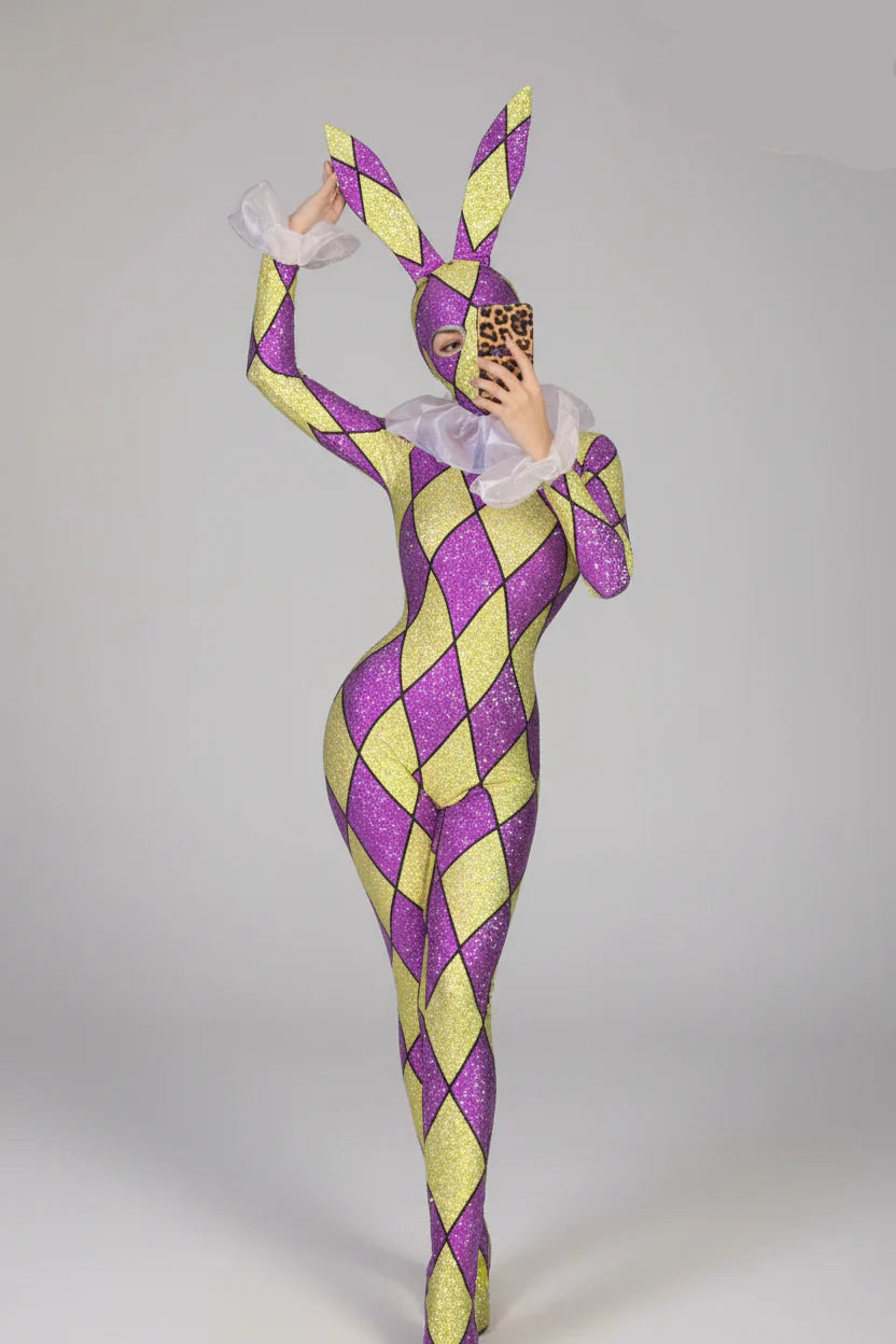 Futuristic Geometric Rhinestone Bunny Bodysuit – Luxury Showgirl Stage Costume & Exotic Festival Leotard with Statement Collar | Bodysuit | Wiccan Center