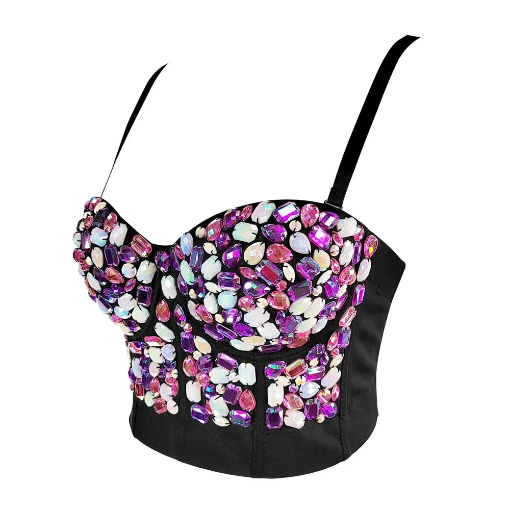 Sparkly Diamond Rhinestone Corset Top Showgirl Stage Performance Push-Up Bustier