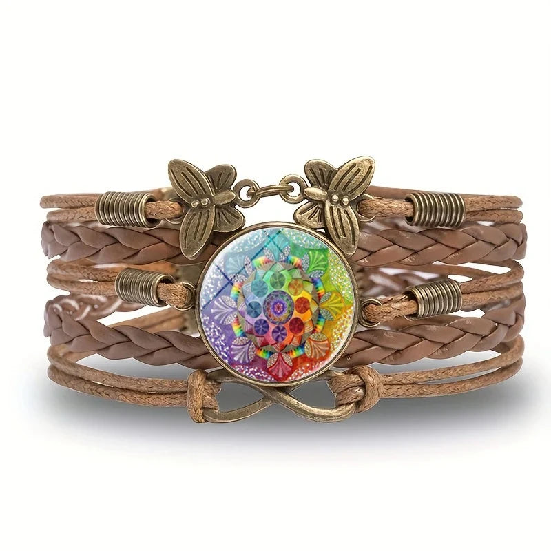 Vintage Mandala Flower Glass Dome Wrap Bracelet Brown Multilayer Woven Leather Bracelets For Women