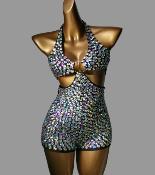 3-Piece Crystal Bra & Mesh Cover-Up Set – Luxury Rhinestone Bikini, Sling Dress & Gauze Skirt Ensemble for Festivals & Beach Clubs | Costume Sets | Wiccan Center