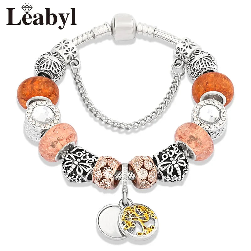 Antique Tibetan Silver Tree of Life Charm Bracelets Green Crystal Flower Bead Bracelet with Heart Diy Jewelry Pulsera Mujer