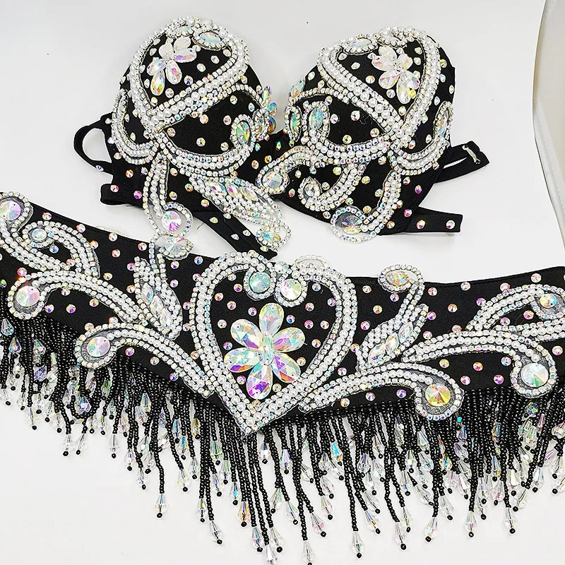 Sparkly Beaded Belly Dance Bra & Fringe Hip Belt Two-Piece Stage Costume Set | Costume Sets | Wiccan Center