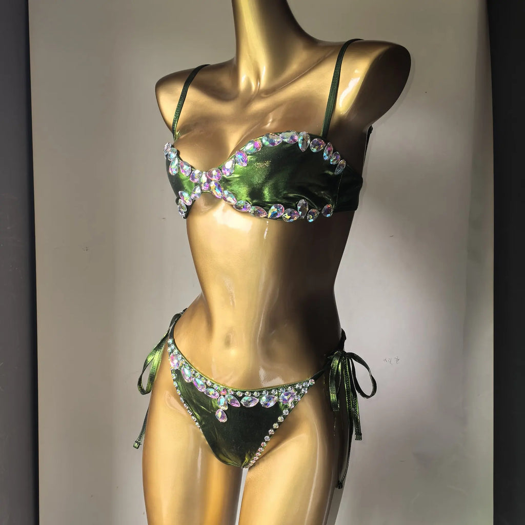 Emerald Green Rhinestone String Bikini Set Crystal Costume Set Beach Pool Party | Costume Sets | Wiccan Center