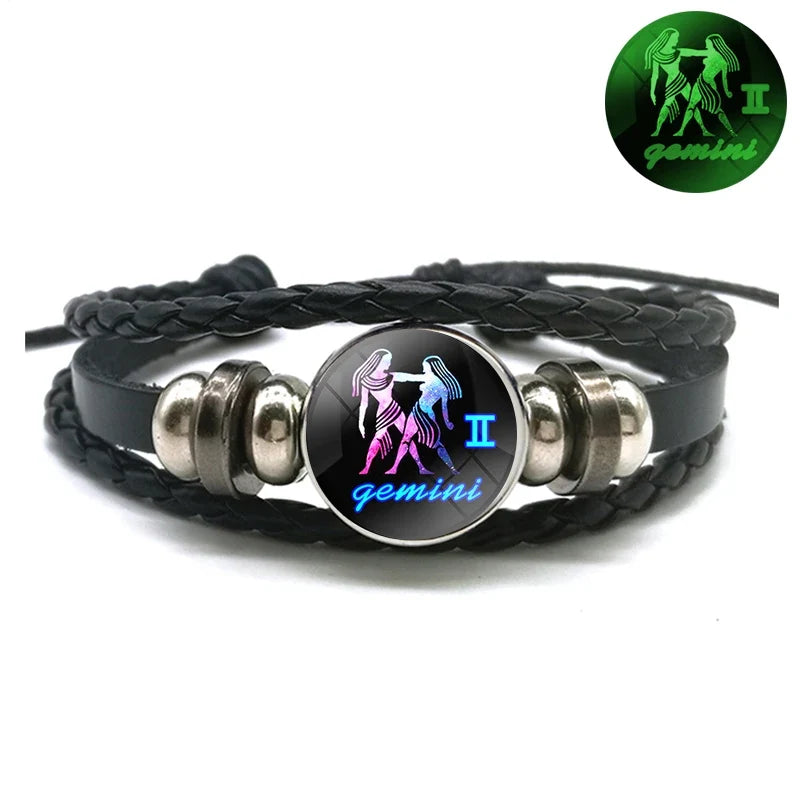 Birthday Present 12 Constellation Luminous Bracelet Leather Bracelet Zodiac Charm Bracelet for Men Women