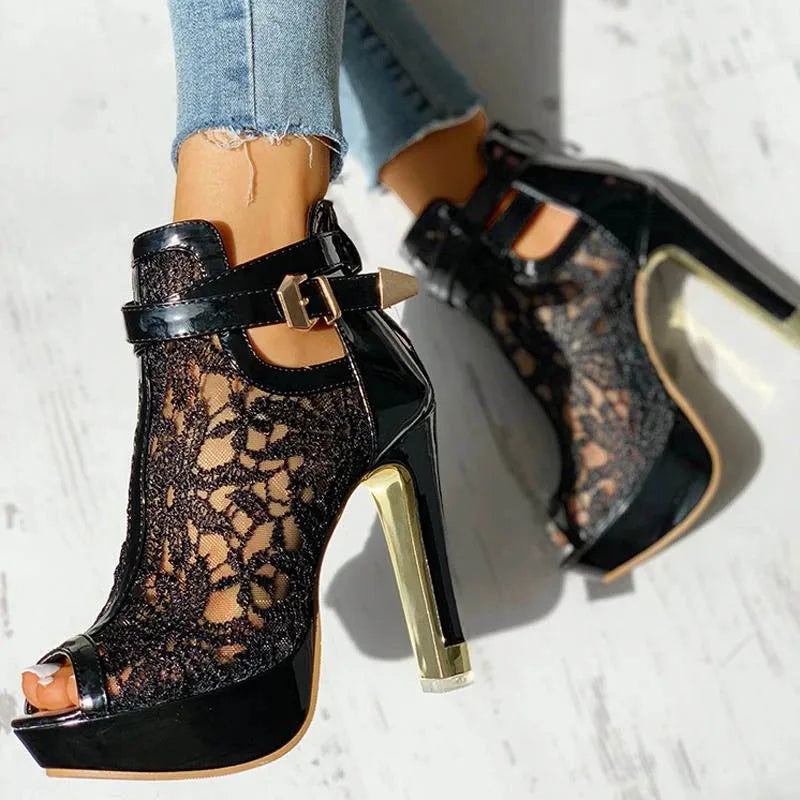 Summer Party Ankle Booties Black High Heels Platform Sandals Women Peep Toe Elegant Lace White Wedding Bridal Dress Shoes | | Wiccan Center