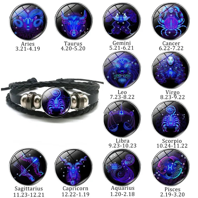 New Men 12 Constellation Black Braided Leather Bracelet Punk Style Zodiac Sign Multilayer Weave Wrap Bracelet For Birthday Gifts