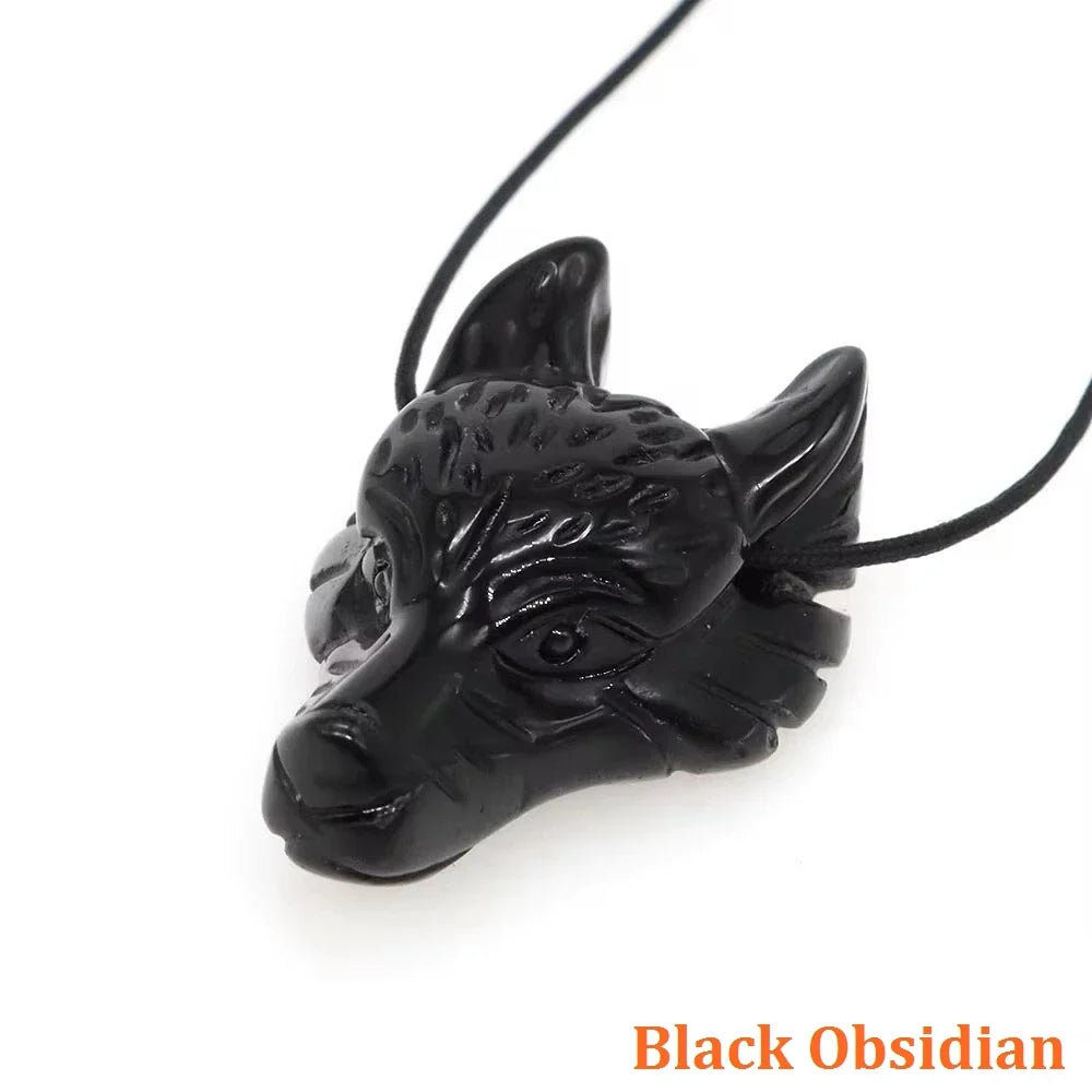 1.5" Wolf Head Stone Pendant Natural Healing Crystals Hand Carved Wolves Animal Statue Figurine Gems for Jewelry Making Necklace